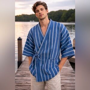 Vintage Japanese Indigo Jinbei Robe Blue Striped Cotton Linen Size L